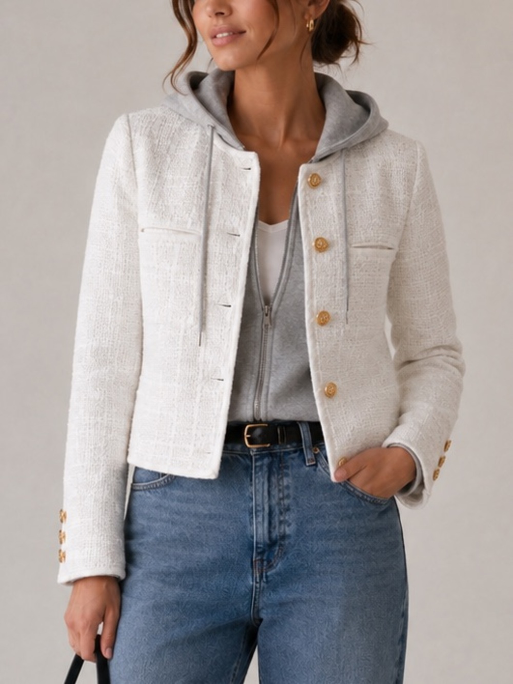 AQUA White Textured Tapestry Shrunken Jacket Gold Buttons Size Small NWOT